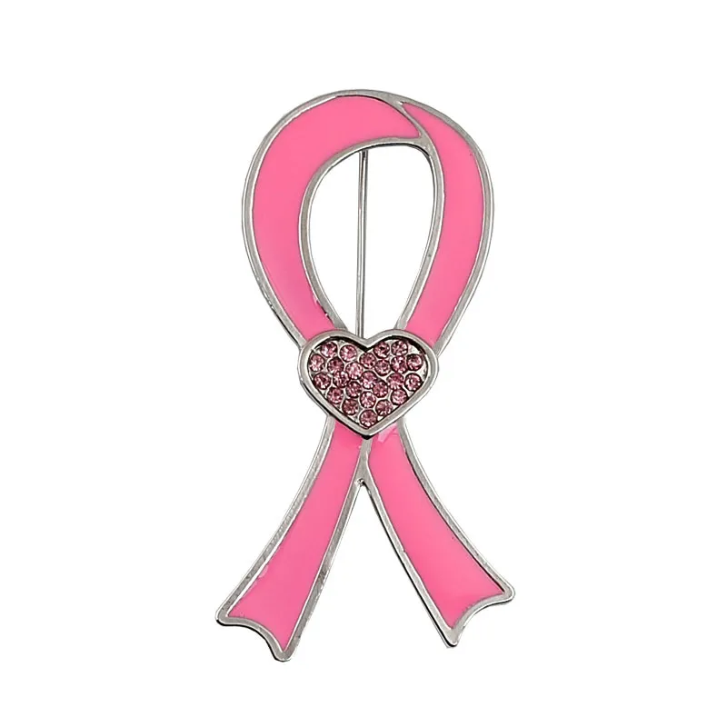 2,5 pouces Vintage Rhodium Silver Tone ruban rose et cristal broches de sensibilisation au cancer du sein