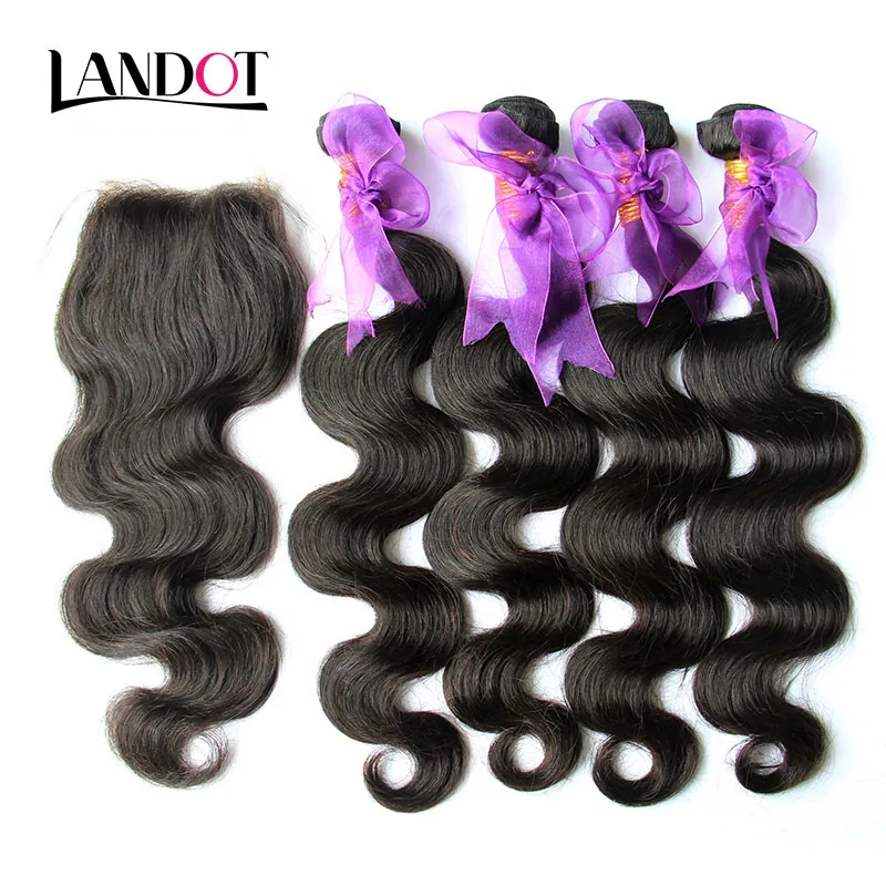 5Pcs Lot Peruvian Body Wave Virgin Human Hair Weaves 4 Bundles With Lace Closure Unprocessed Peruvian Remy Wavy Hair And Top Closure 4*4Size