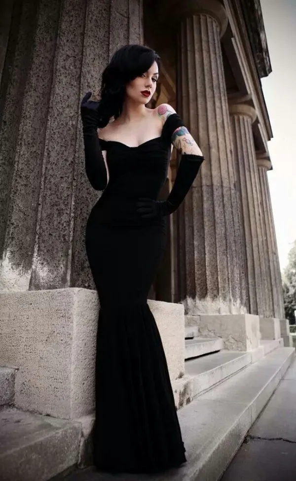 Robes de soirée sexy en velours ajustées sirène sur l'épaule sans manches trompette longueur de plancher sur mesure pas cher noir robes de soirée de bal gothique