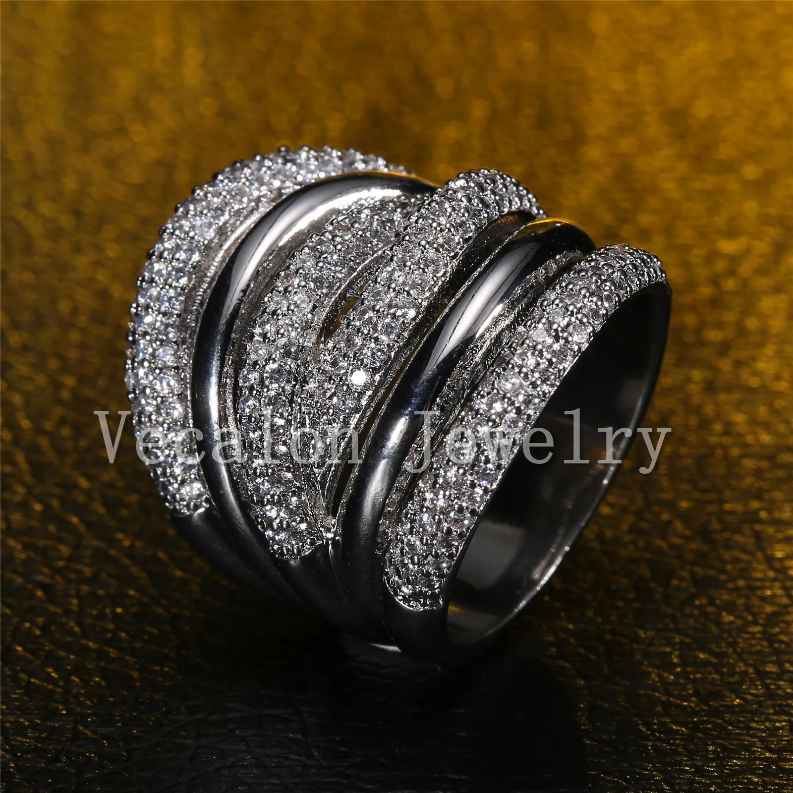 ベカロン舗装セットTopazシミュレートされたダイヤモンドCZクロスエンゲージメント結婚指輪14ktホワイトゴールド充填女性バンドリング