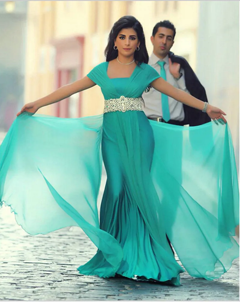 Turquoise Chiffon Arabisch Prom Jurken Capped Mouw Avond Party Jurk Sash Dubai Kaftan Arabische vrouwen Formele avondjurken Marokkaanse Caftan