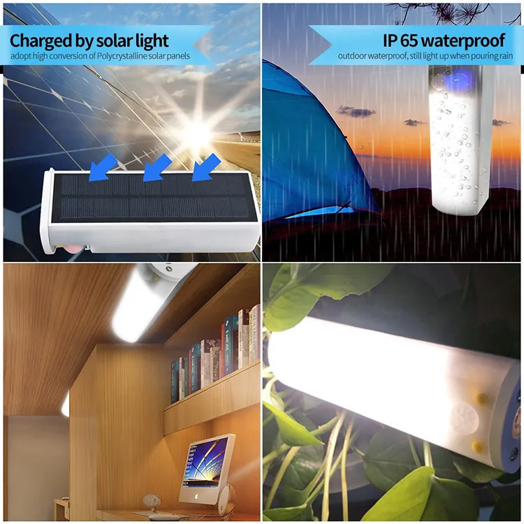 Solar Powered Led camping Light USB Recharge Portable lights 210lm white and Warm white for Outdoor Hiking Tent Fishing Lighting