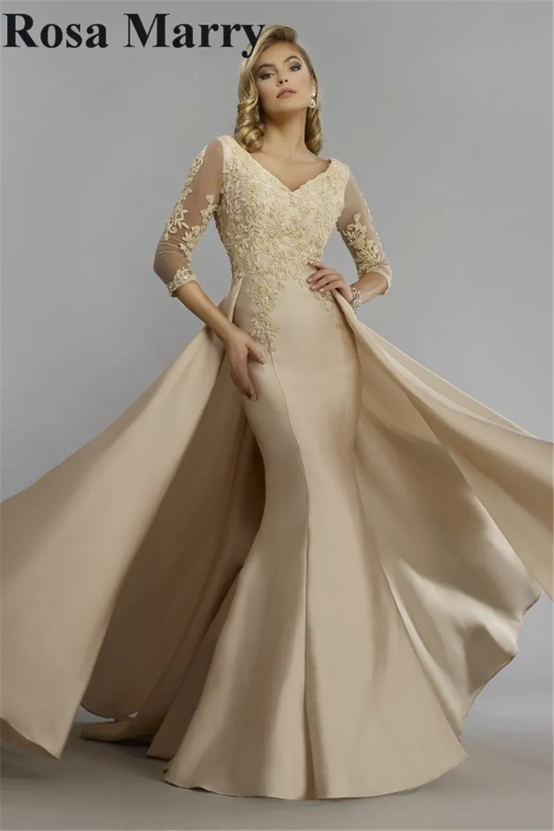 2020 Elegant Vintage Lace Mermaid wedding outfits for mothers with Champagne Overskirt, Long Sleeves, and Peplum - Perfect for Formal Evening Events