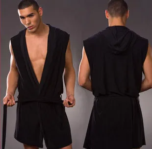 Wholesale-NEW Ice Cotton Men Bathrobe Summer Hooded Sleepwear Robes Leisure Home Sleeveless nightGown Pajama Underwear gay dressing gown