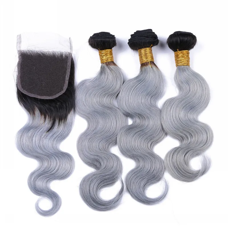 Cinza de prata Ombre Tece cabelo humano brasileiras com Top Encerramento da onda do corpo 2Tone 1B / cinza Ombre 4x4 Lace Encerramento com 3Bundles 