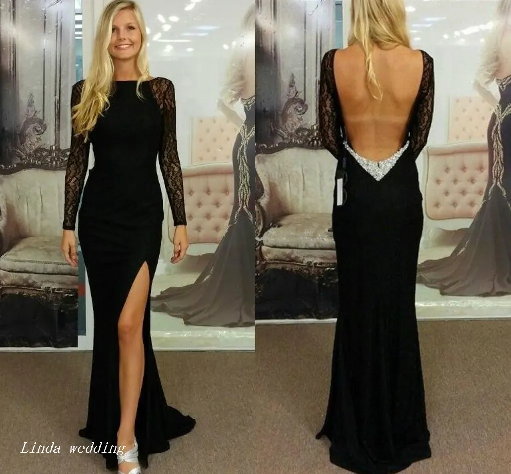 2019 Svart Långärmad Prom Klänning Sexig Sida Slit Lace Open Back Special Occasion Dress Evening Party Gown Plus Size Vestidos de Festa