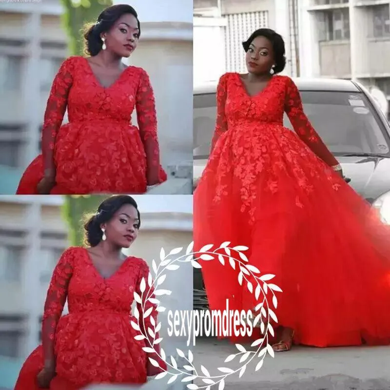 African Red Ball Gown Wedding Dresses Lace V Neck Long Sleeves Bridal Gowns Tulle Ball Gown Plus Size Women Wedding Vestidos Custom Made