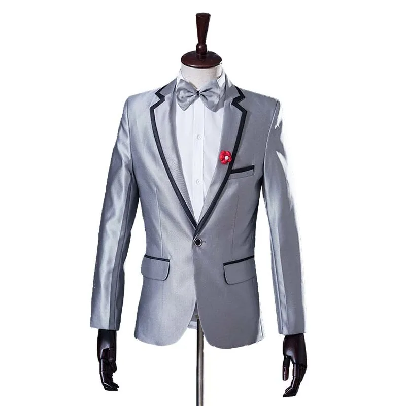 Venta al por mayor- (chaqueta + pantalones) Studio Tuxedo Groom Dress Mens Silver Wedding Suit Últimos diseños de pantalón y abrigo Slim Male Suits