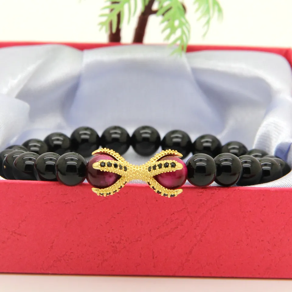 Atacado 10 pçs / lote Natural Black Onyx Pedra com Olho de Tigre Roseo Contas Micro Inlay Preto CZ Beads Eagle Claw Frisado Pulseiras