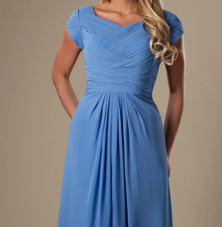 Cornflower Blue Chiffon скромные платья подружки невесты с крышкой рукава длиной длиной длина виска висок свадьба одевает дешевый на заказ