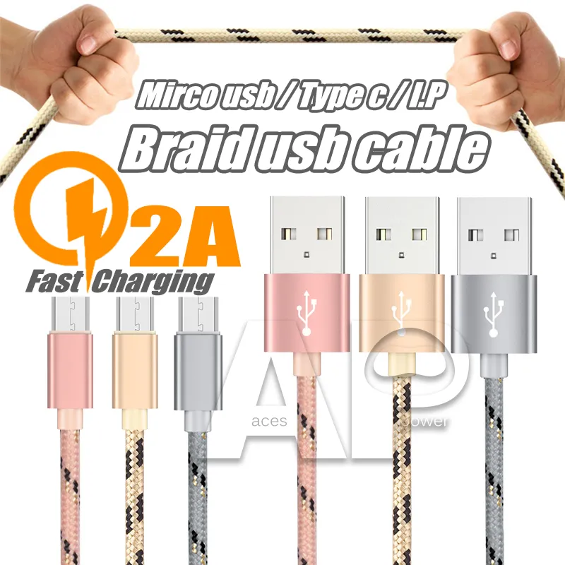 Cables rápidos de soporte de 3 pies y 6 pies Cable de línea de datos trenzado de carga Cables de nailon macho de cargador rápido para Android tipo C Micro V8