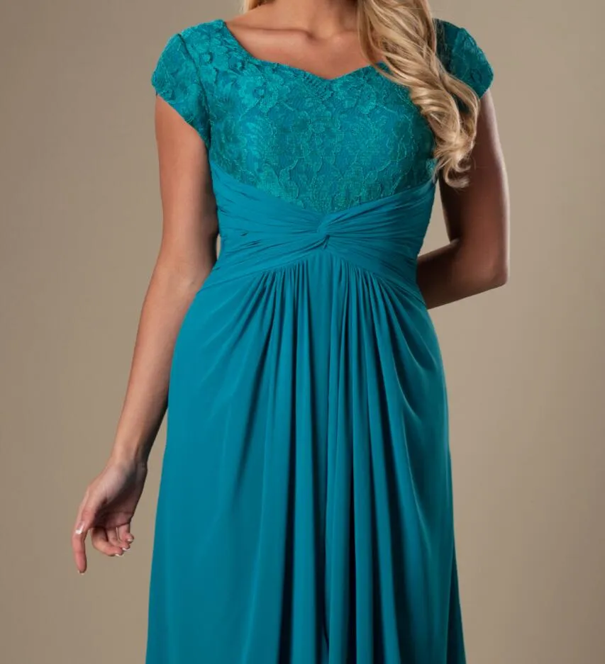 Teal Vintage Lace Chiffon Modest Bridesmaid Dresses With Cap Sleeves Long Floor Temple Wedding Party Dresses Maids of Honor Dresses