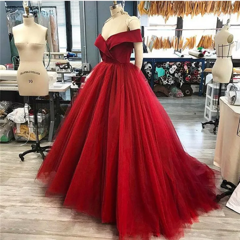 Sexy taille haute robe de bal robe de bal Off épaule balayage train Plis couches satin tulle Top Robes de soirée à lacets / Fermeture à glissière Retour