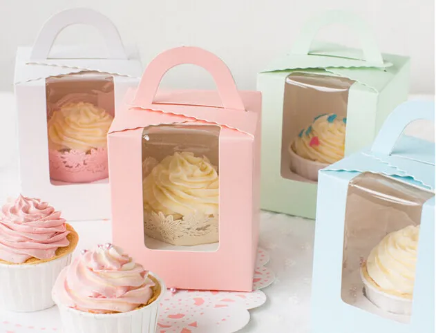 9.5 * 9.5 * 11cm Single Cupcake Dozen met Clear Venster Handvat Draagbare Macaron Box Mousse Cake Snack Boxen Papieren Pakket Box Verjaardag Party Box