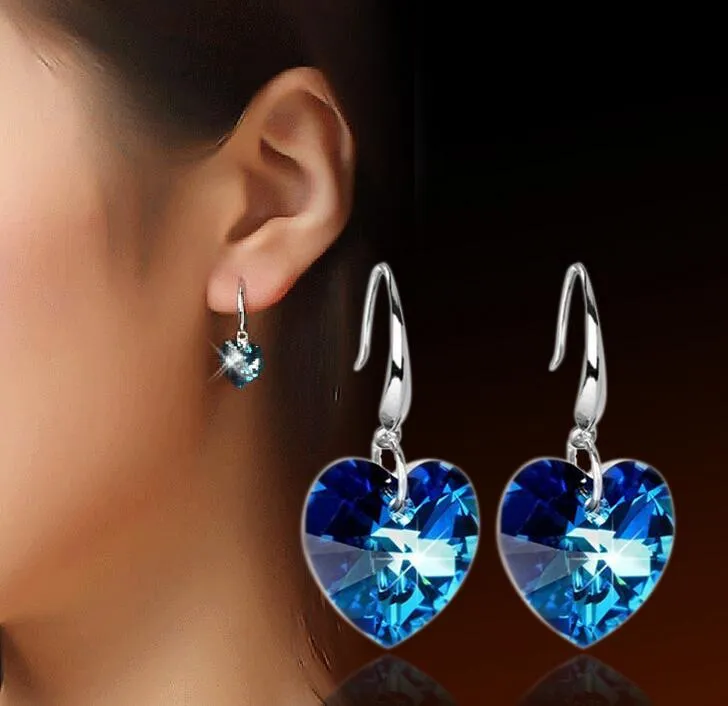 Blue Crystal Heart Charm Oorbellen 925 Silver Long Drop Love Earring Bridal Wedding Sieraden voor Vrouwen