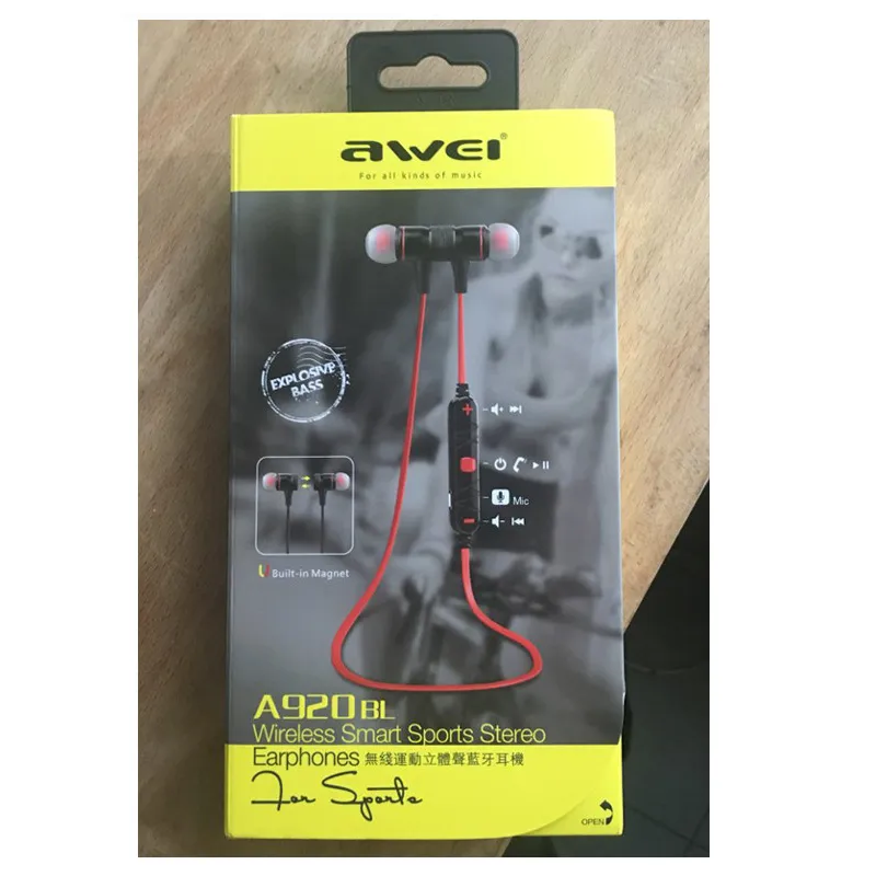 Original Awei A920BL Trådlösa Bluetooth-hörlurar Stereo Bass Headset Sport som kör i öronlurar med mikrofon för iPhone 7 6 Samsung