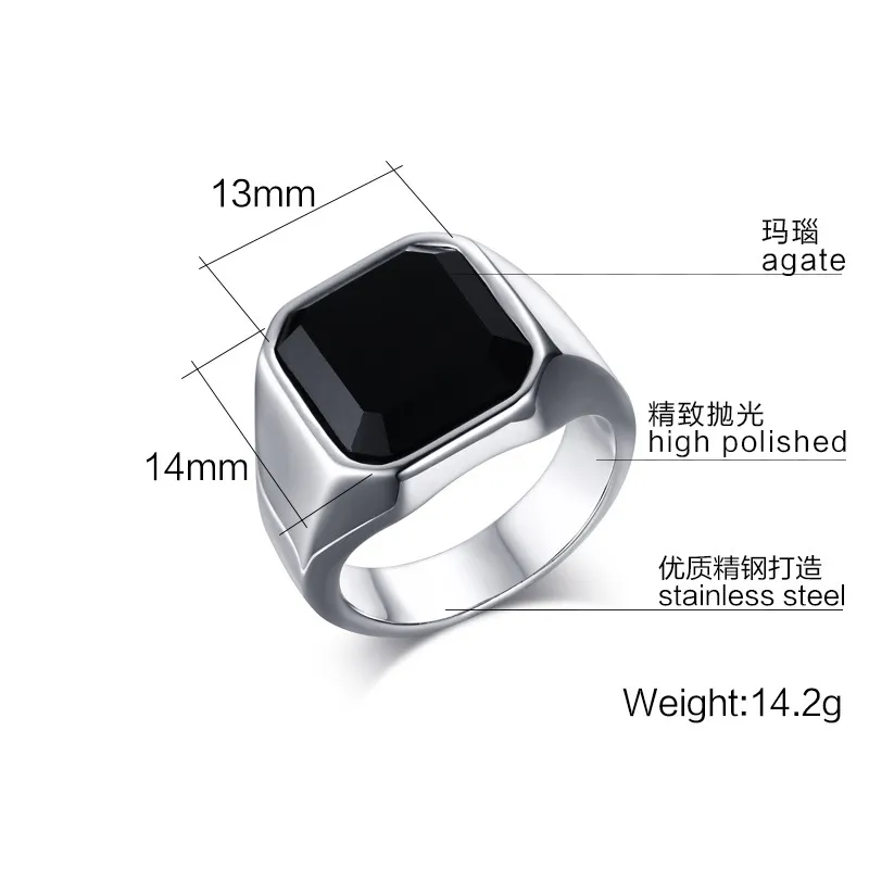 Stainless Steel High Polished Black Agate Mens Ring Fashion Jewelry Rings Accessories Silver Size 8-12