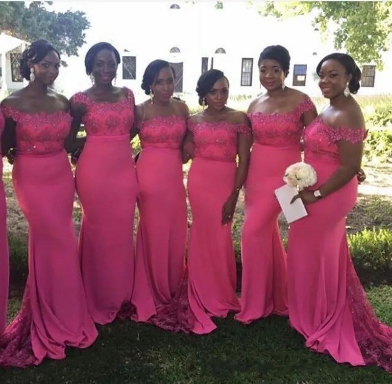 Hot Pink Plus Size Bridesmaid Dresses for Wedding 2017 Off Shoulde Mermaid Maid of Honor Gowns Sweep Train Formal Party Dresses