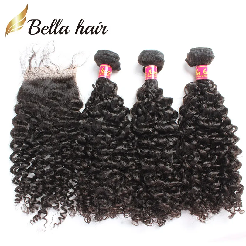 Cabelos encaracolados brasileiros 4 pacotes com fechamento de cor natural tecer extensões pretas cabelos Bella /lote