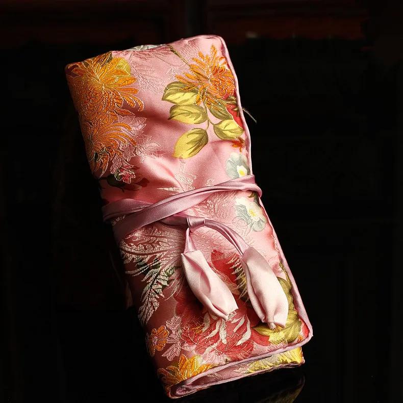 Duży ładny kwiat składany biżuteria Roll Up Torba Kosmetyczna Makeup Torba do przechowywania Sznurek Chiński Jedwab Brocade Wouch Torba 30 sztuk / partia
