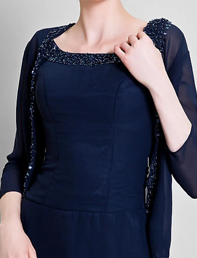 Fashion Sheath Mother Of The Bride Suits Scoop Neck 3/4 Long Sleeves Jacket Chiffon Mother's Dresses Formal Evening Party