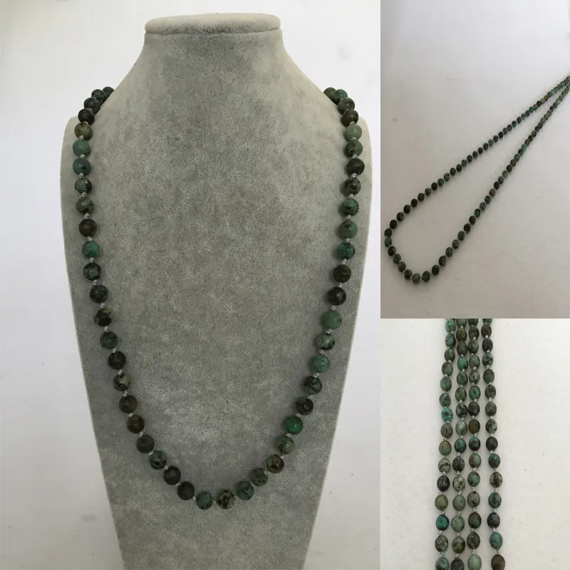 ST0296 Fancy Boho Necklaces For Women 8mm African Turquoise Knotted Necklace in 38 inches Personalized Stone Jewelry