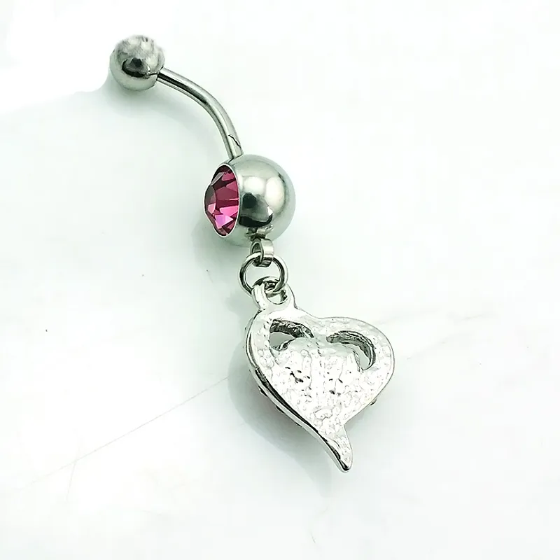 Wholesale Fashion Belly Button Rings 316L Stainless Steel Dangle pink Rhinestone hesrt Navel Rings Piercing Jewelry