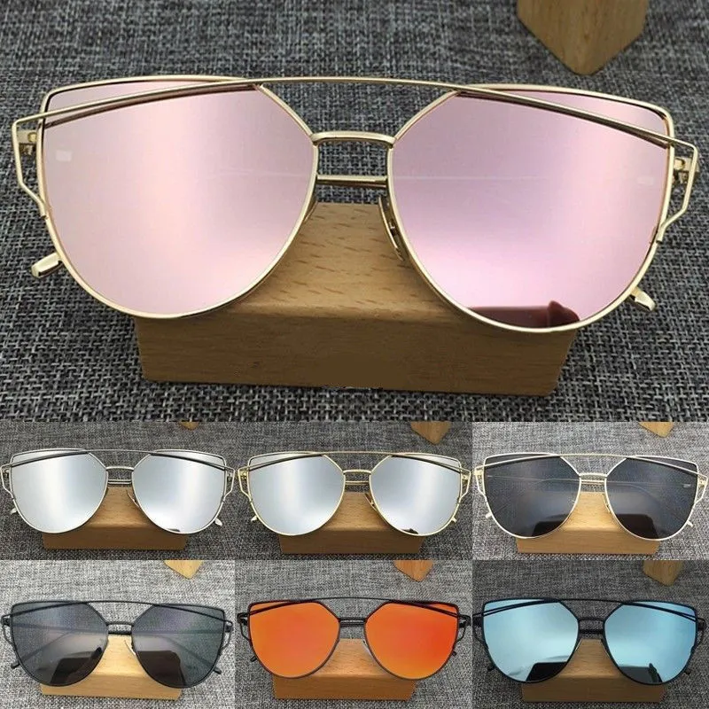 Women's Flat Lens Mirrored Metal Frame Glasses Oversized Cat Eye Sunglasses New