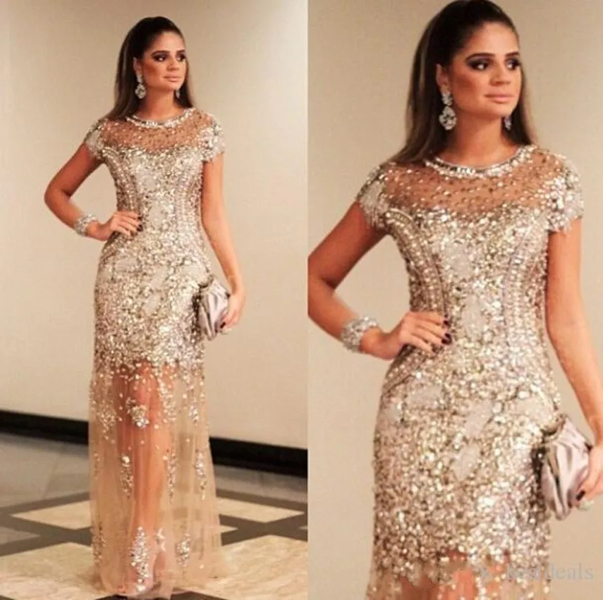 2019 New Luxury Sparkly Gold Paillettes Abiti da ballo Sexy See Through Champagne Abito da sera formale Dubai Gala 291