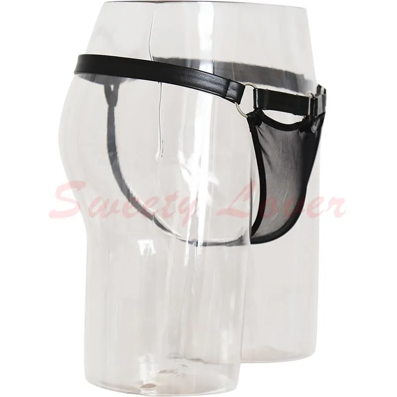 Transparent Mesh Mens Fetish Wear Black Sexy Adult Games Briefs Male G String With Faux Leather