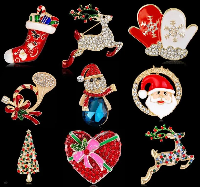 Julguld Broscher Pin Santa Claus Deer Julgran Sock Små högtalare Snögubbe Mix Crystal Quality Brosch Smycken för barn Kvinnor