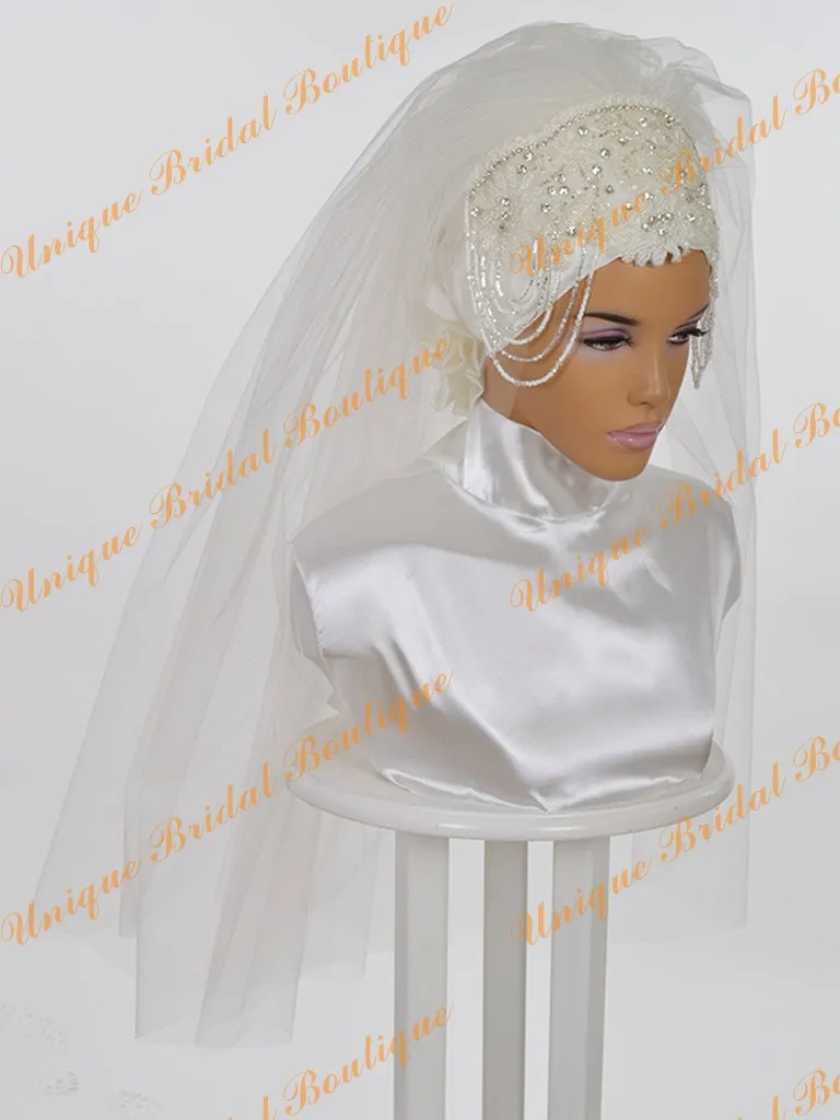 2021 Muzułmańskie welony ślubne z kryształami Dżetów i perły długość łokcia Wedding Bridal Hijab Custom Made