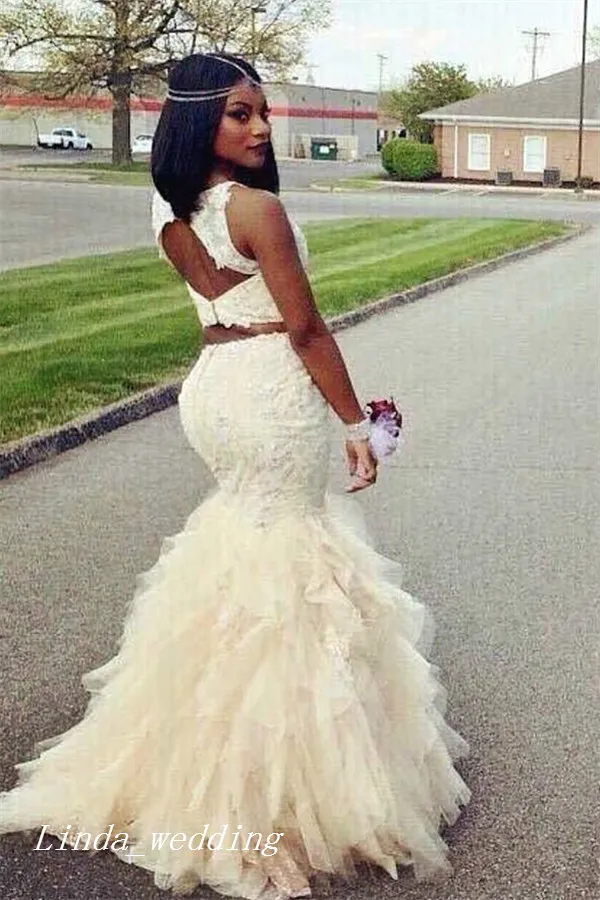 Piękne Dwa Kawałki Syrenka Prom Dress Cream Fuchsia Wzburzyć Backless Backles Black Girls Women Nosić Specjalną okazję Dress Dress 2019