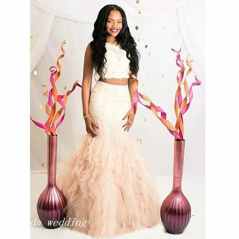 Beautiful Two Pieces Mermaid Prom Dress Cream Fuchsia Ruffle Backless Black Girls Women Wear Special Occasion Dress Evening Party Dress 2019