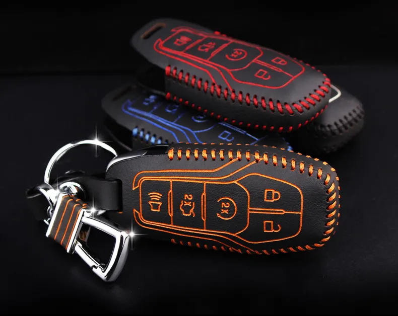 Gratis verzending Gloednieuwe Lederen Afstandsbediening Auto Sleutelhanger en Key Case Wallet Bag Cover voor Ford Mustang 2015