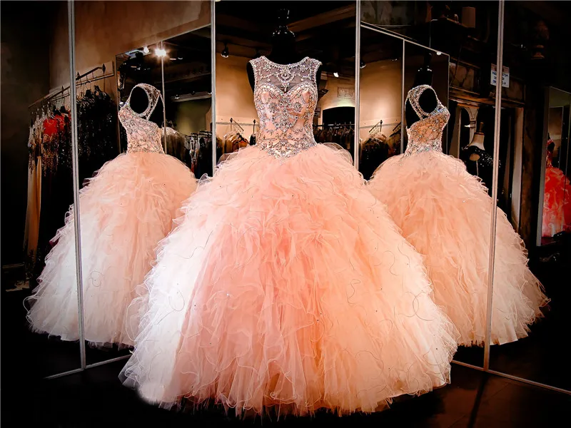 Blush Ball Gown Quinceanera Dress High Neckline Keyhole Back Lace up Back Ruffled Organza Pageant Dress Sexy 16 Dresses