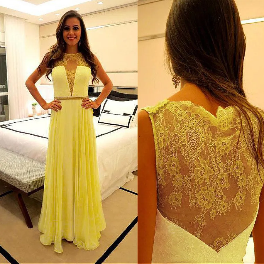 Elegant chiffon dentelle decollete bijou une ligne robe de bal avec strass strass Sash robe de soiree jaune Illusion Retour robes de gala