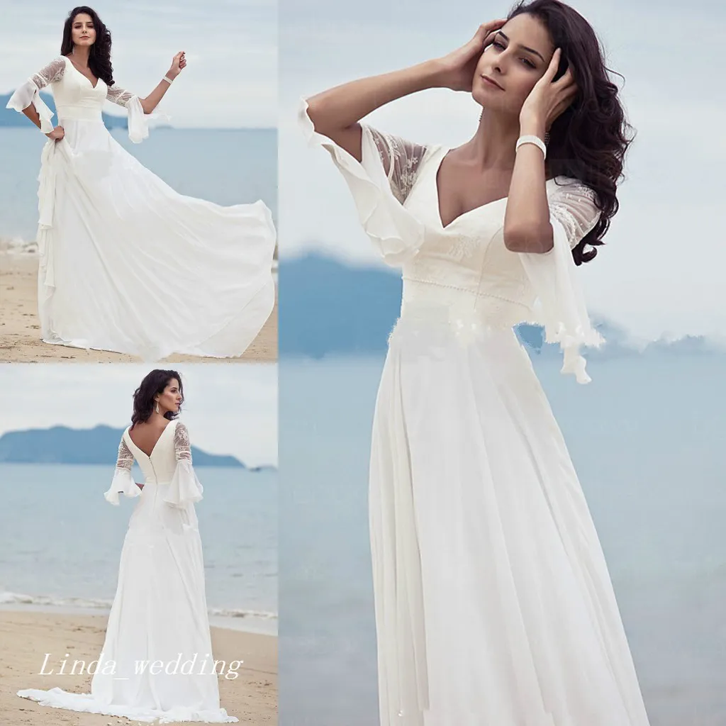 Högkvalitativ Bröllop Gäst Klänningar En Linje V Neck Golv Längd Lång Backless Chiffon Lace Kvinnor Använd Bridal Party Gowns