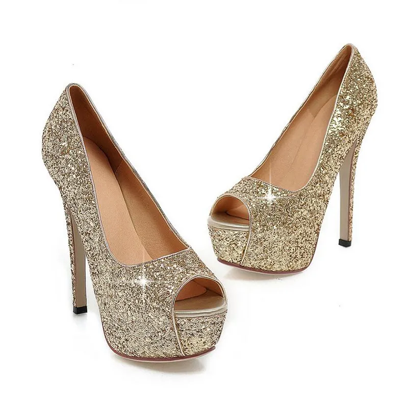 Fashion Lady Gorgeous Nightclub Scarpe da sera Sandali con tacchi altissimi Scarpe eleganti da donna Scarpe eleganti da sposa da sposa dorate Peep Toes