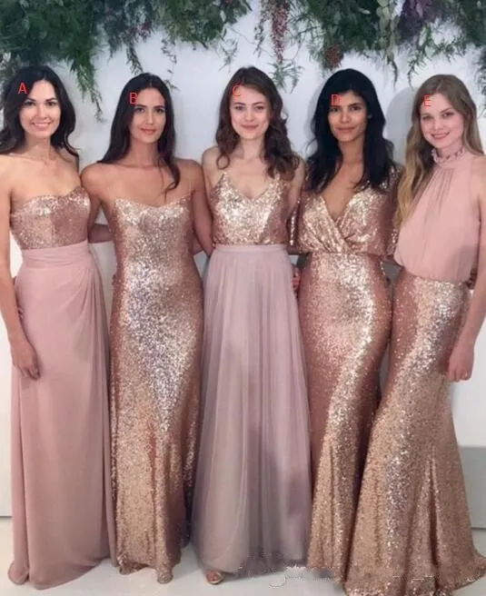 2020 Arabiska Bling Sequins Bridesmaid Dresses Sequined Mix Style For Weddings Gästklänning Rose Rosa Dusky Pink Chiffon Maid of Honor Gowns