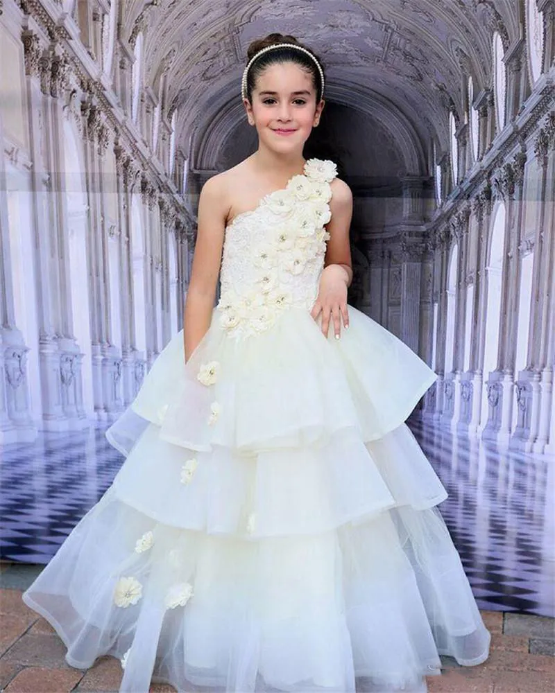 2018 Glitz Pageantのドレス小さな女の子送料無料Vestido de Daminha乳児1肩の花の女の子のドレス