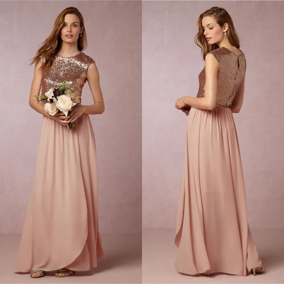 Due pezzi Bhldn Paillettes Abiti country Economici Gioiello Collo Manica ad aletta Sweep Train Plus Size Abito lungo da damigella d'onore