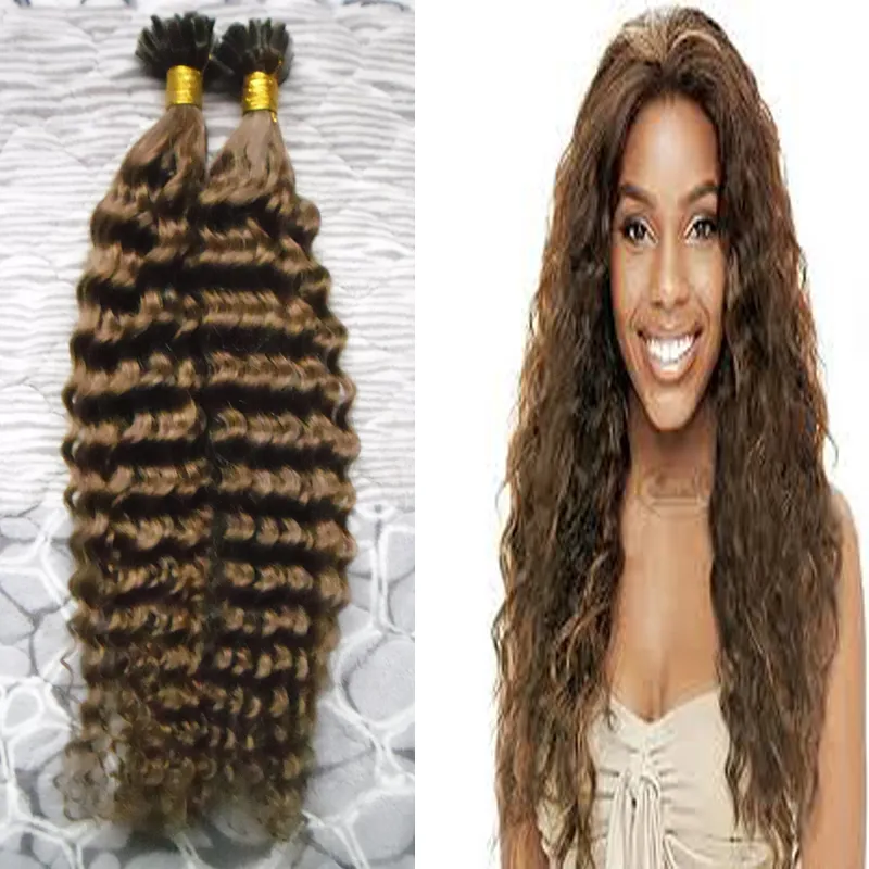 Brasiliansk Kinky Curly Hair U Tips Hårförlängningar 100g 100s # 6 Medium Brown Pre Bonded Hair Extensions