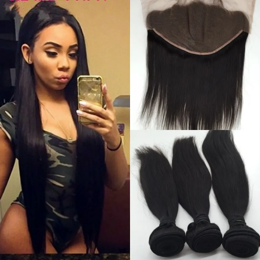 Malaysian Brazilian Straight lace frontal closure 13*6 with bundles unprocessed virgin human hair weaves with closure