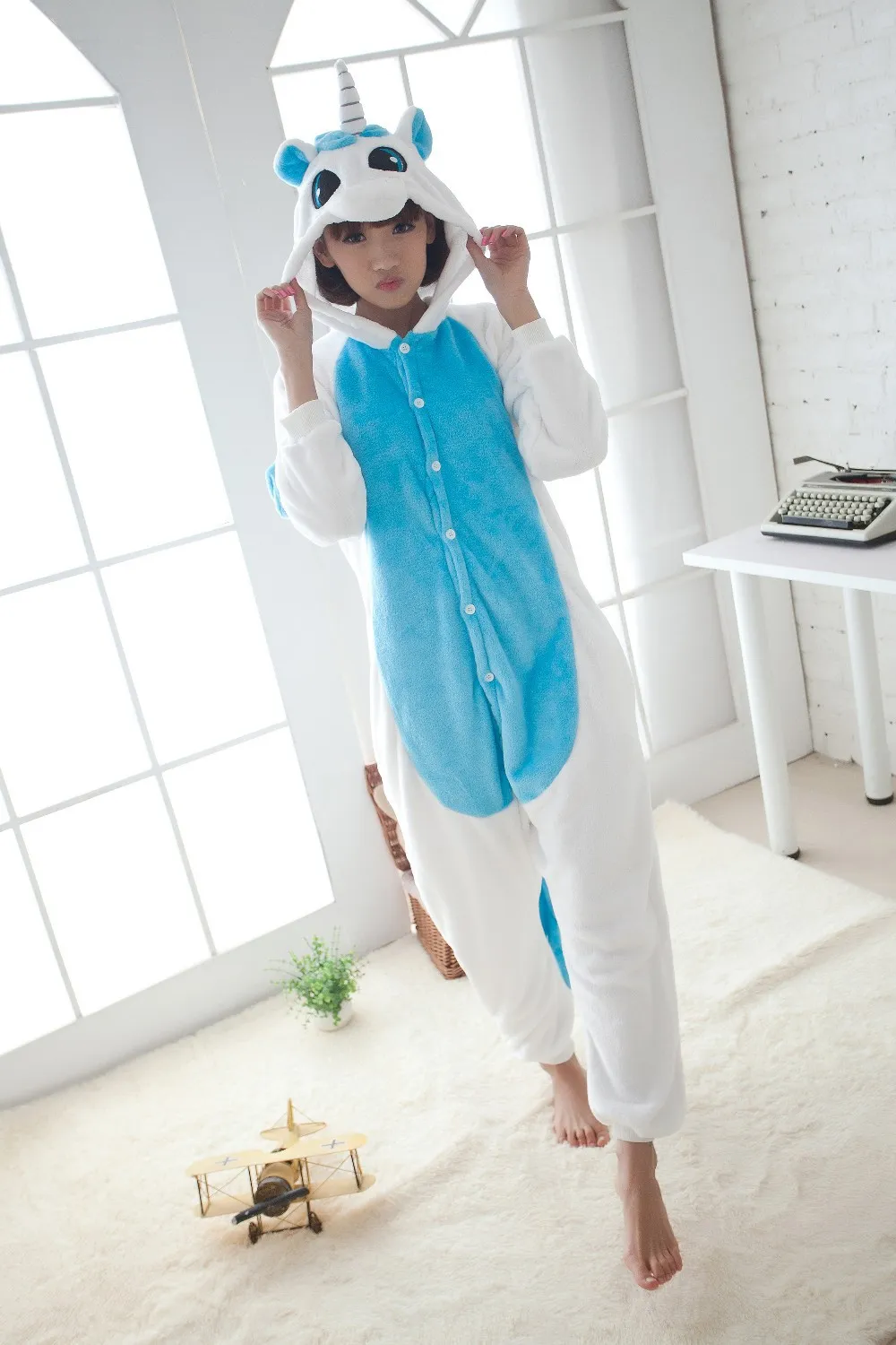 Inverno Kawaii Anime Felpa con cappuccio Pigiama Cosplay Cavallo Adulto Tutina Natale BLU Unicorno Pigiama Costume Blue Unicorn Tutina tuta Sleepwear