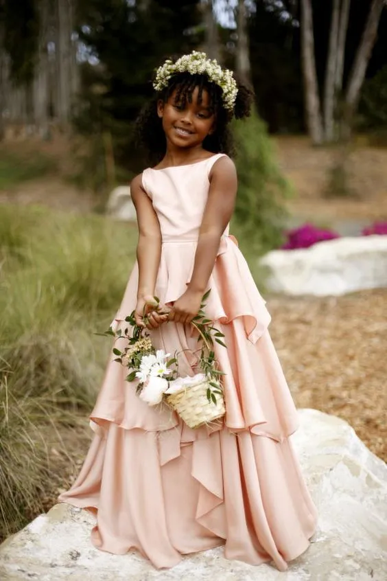 Bohemian 2019 New Flower Girl Dresses Wedding Cheap Jewel Backless Tiered Ruffles Floor Length Blush Pink African Girls Formal Dre2794378