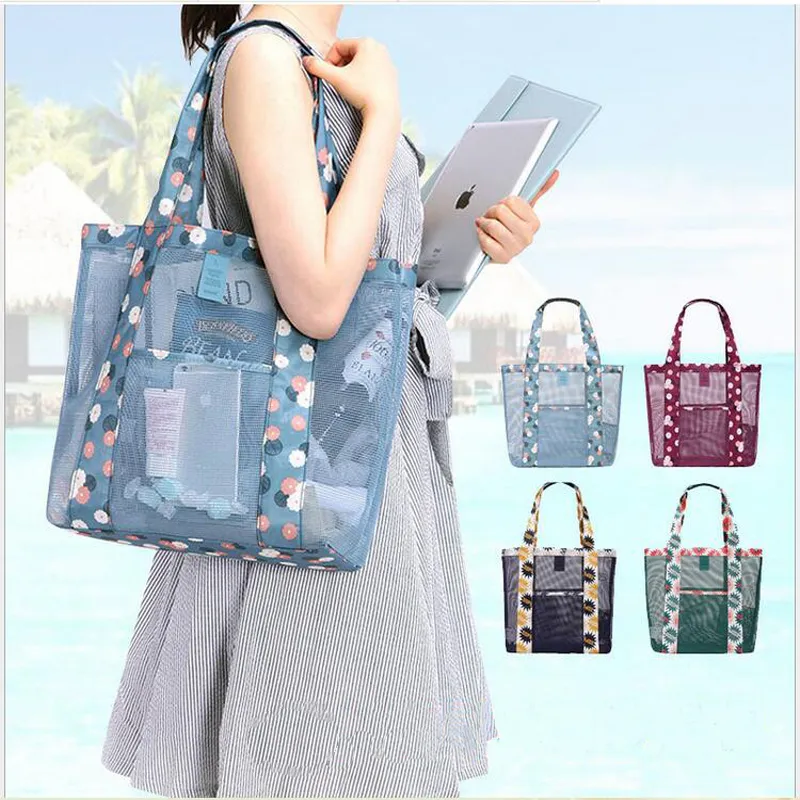 2016 NEUE Mode Frauen Tragbare Net Mesh Tasche Lagerung Tasche Tasche Tragen Reise Kleidung Kosmetische Schulter Taschen Für Schwimmen Strand im Freien