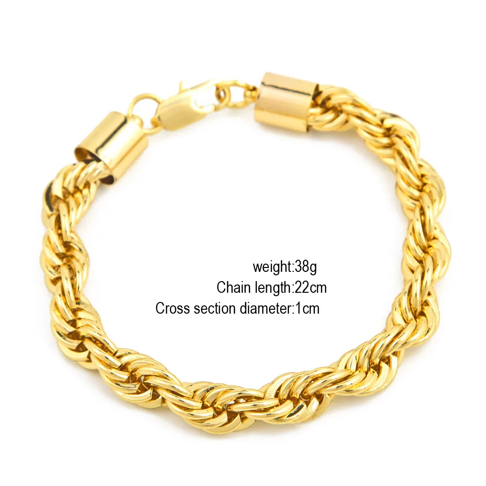 Real Gold Silver Plated Bracelet for Men Items Link Trendy 10mm 22cm Rope Chain Bracelets Jewelry227J