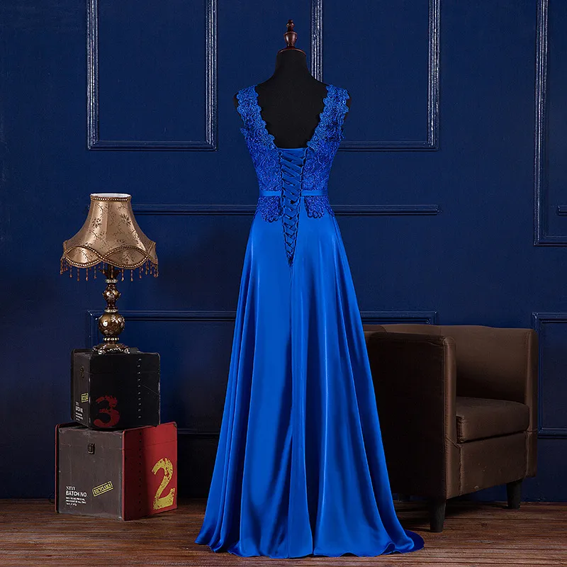 Scoop Neck Lace Satin Evening Dresses Long Royal Blue Burgundy 2020 Golvlängd Brudtärna Klänning Abendkleider