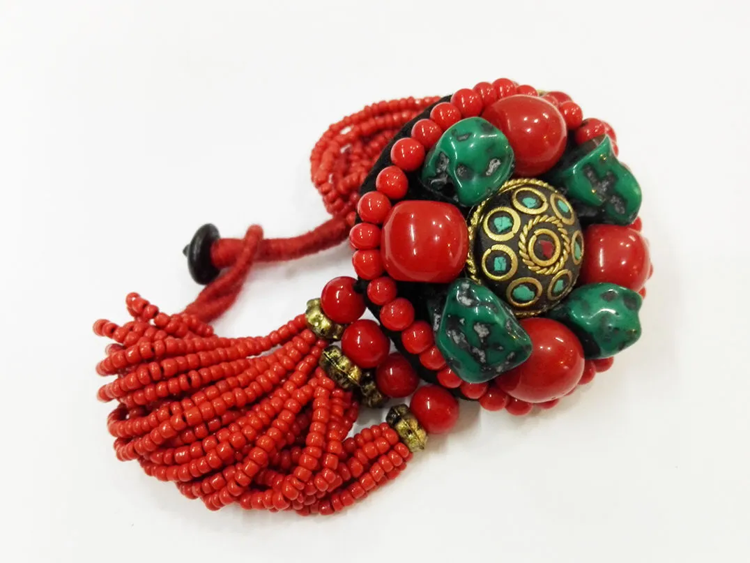 Excelente Tibetano Coral Vermelho Bead Turquesa Pulseira Multicamadas Coral Bead